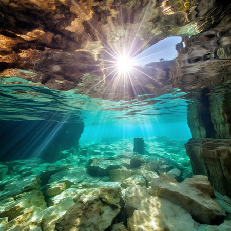 Underwater view of coral reef with sun rays and underwater cave.の素材