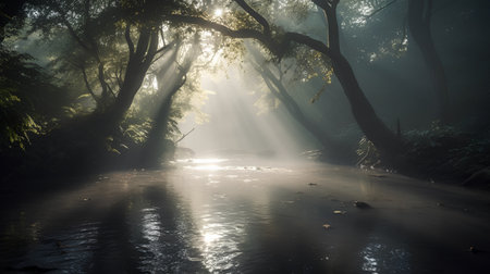 Mysterious forest with fog and sunlight rays in the morning.の素材