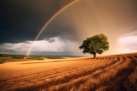 Rainbow in the sky over a lonely tree in a wheat fieldの素材