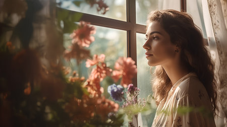 Portrait of a beautiful young woman near the window with flowers.の素材