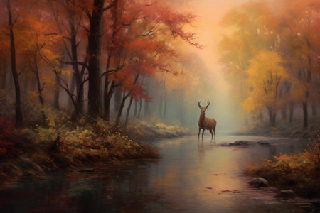 Beautiful autumn landscape with a deer in the forest. Digital paintingの素材