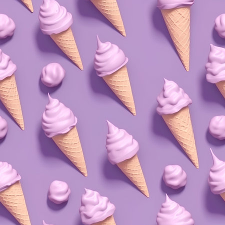 Seamless pattern with pink ice cream in waffle cones on violet backgroundの素材