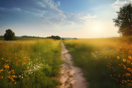 Sunset over a meadow with sunflowers and a dirt roadの素材