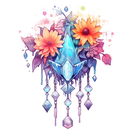 Magic crystal with flowers and crystals on white background. Vector illustration.の素材