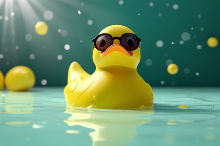 cute yellow duck floating in water with bokeh effect illustrationの素材