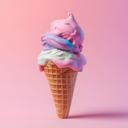 Ice cream in waffle cone on pink background. 3d renderingの素材