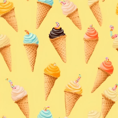 Seamless pattern with ice cream cones and cupcakes on yellow backgroundの素材