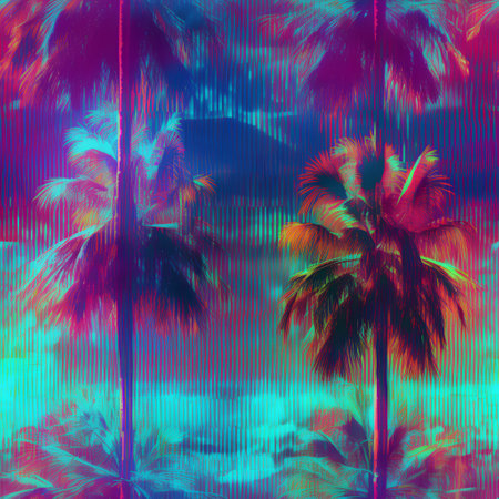 Tropical palm trees silhouettes on abstract multicolored backgroundの素材