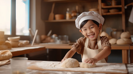 Cute asian boy in chef hat kneading dough in kitchenの素材