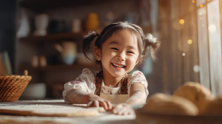 Little asian girl in apron kneading dough for bread.の素材