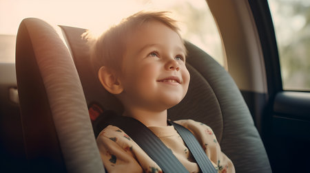 happy little boy in safety belt sitting in car and looking at cameraの素材