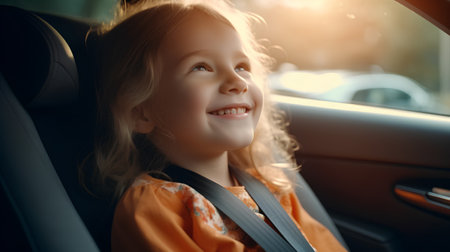 Happy little girl in the car safety belt. Child safety concept.の素材