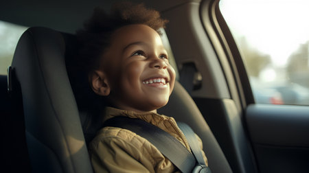 african american little girl in car seat smiling looking at cameraの素材