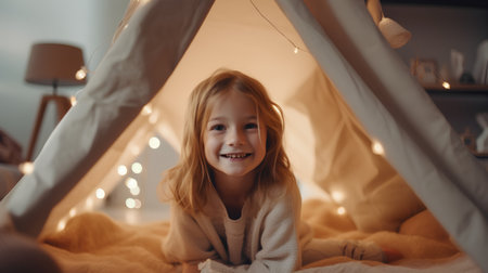 Cute little girl sitting in a teepee at home and smilingの素材