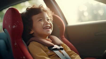 Happy little boy sitting in car seat and smiling. Child safety conceptの素材