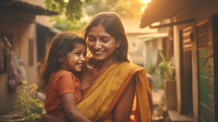 Beautiful Indian mother with her daughter on the street in India.の素材