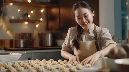 young asian woman making dumplings in the kitchen at homeの素材