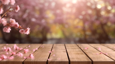 Wooden table with cherry blossom and bokeh background.の素材