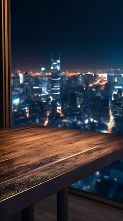 Empty wooden table with city view background, product display montage.の素材