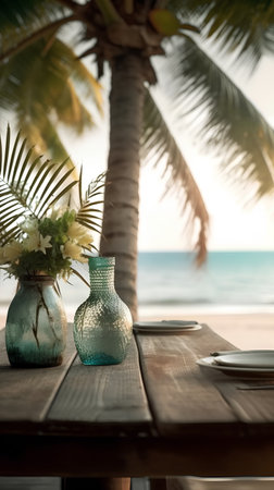 Tropical table setting with sea view and palm tree in backgroundの素材