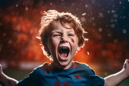 Portrait of a cute little boy screaming in the rain at night.の素材