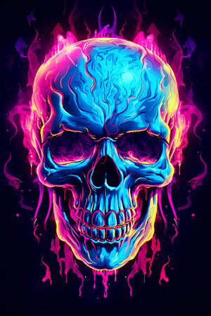 Skull in the fire. Illustration in neon style on a dark background.の素材