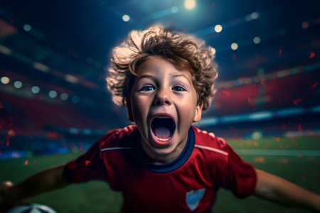 Portrait of a boy screaming while playing football at the stadium.の素材