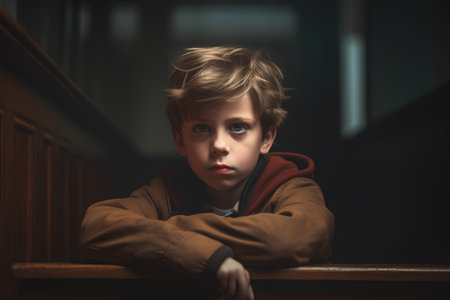 Portrait of a sad little boy in the school. Sad child.の素材