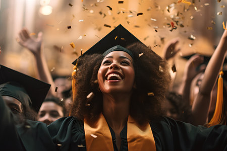 excited african american student in graduation cap and gown throwing confettiの素材