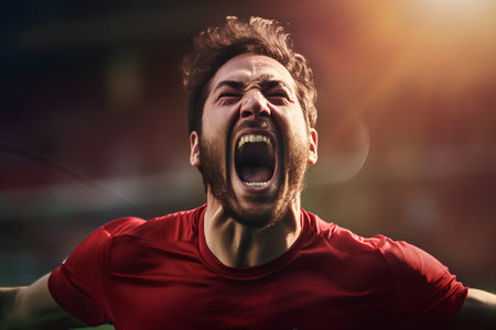 Portrait of a screaming football player on a soccer stadium. Sport conceptの素材