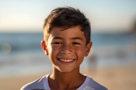 Portrait of a smiling boy on the beach at sunset. Selective focus.の素材