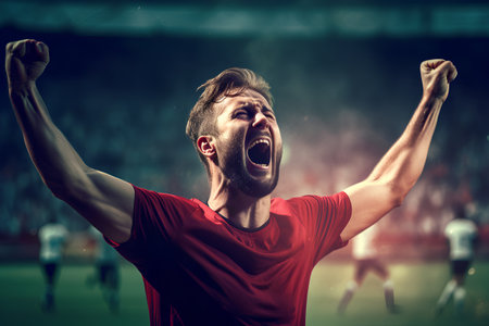 soccer player on the field of stadium screaming with his arms raisedの素材