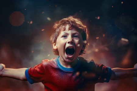 Portrait of a little boy with open mouth on fire background.の素材