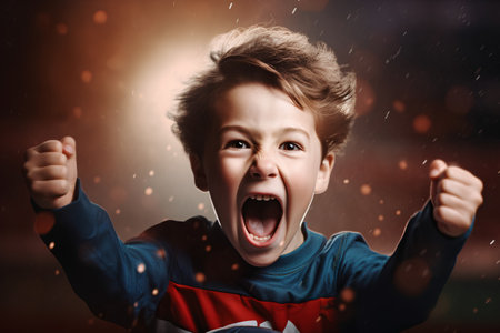 A portrait of a cute little boy in superhero costume standing in the rain.の素材
