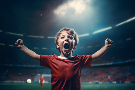 Kid boy in red t-shirt screaming with mouth open at stadiumの素材