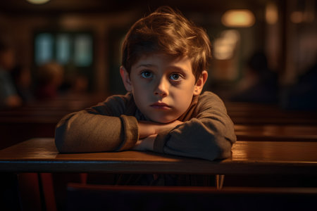 Sad little boy sitting at the table in a cafe. Shallow depth of field.の素材