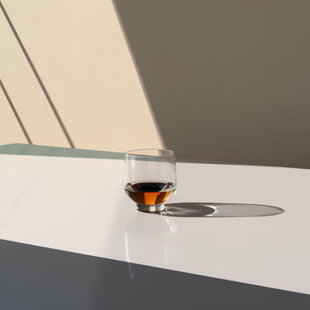 Glass of whiskey on a white table with shadows. 3d renderingの素材