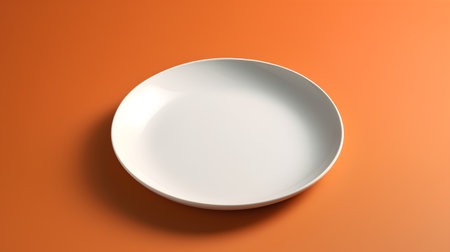 Empty white plate isolated on orange background. 3d render illustration.の素材