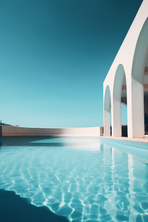 Pool with blue sky background. 3d rendering, 3d illustration.の素材