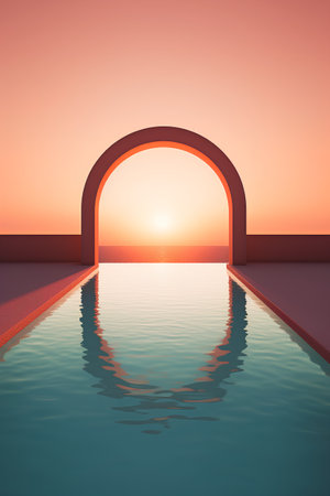 Swimming pool at sunset. 3D render. Conceptual image.の素材