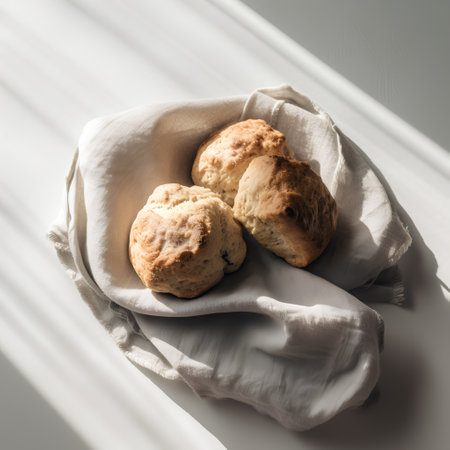 Freshly baked scones on a linen napkin on a white backgroundの素材
