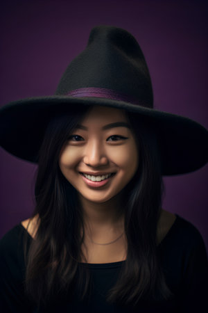Portrait of a beautiful young asian woman wearing hat on purple backgroundの素材