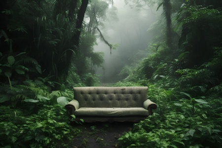 Luxury chair in the rainforest with foggy background.の素材