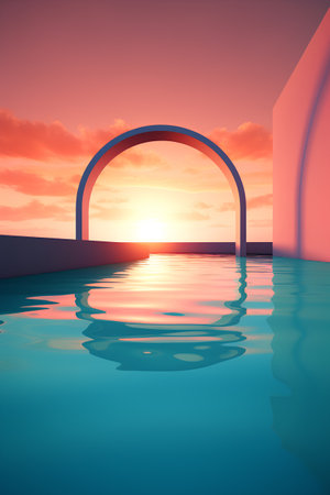 Sunset in the swimming pool. 3d render. Illustration.の素材