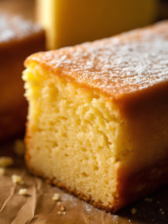 Closeup of a sponge cake with icing sugar, selective focus.の素材