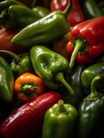 Background of many colorful peppers. Selective focus. Shallow depth of field.の素材