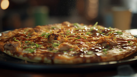 Pizza with chicken on a black plate. Close-up.の素材