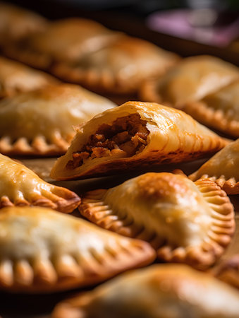 Traditional empanadas with meat on wooden background. Selective focus.の素材