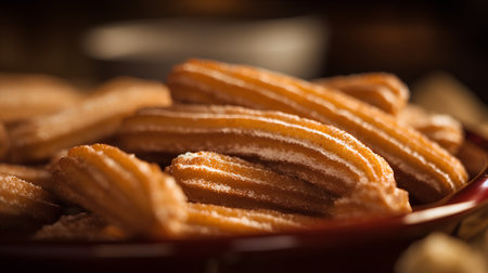 Close-up of a plate of churros. Selective focus.の素材