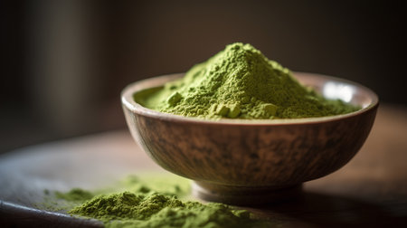 Matcha green tea powder in a wooden bowl. Selective focus.の素材
